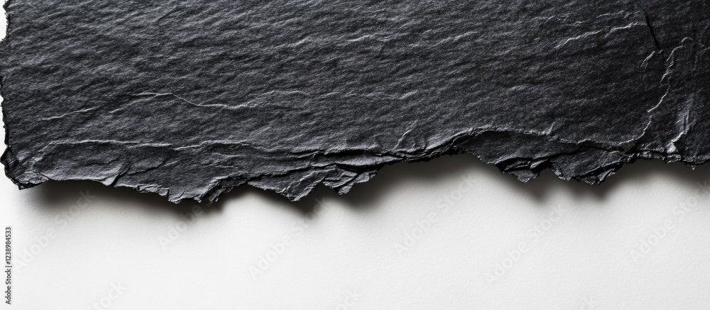 Poster Textured black paper with a torn edge on a white background showcasing copy space for design applications
