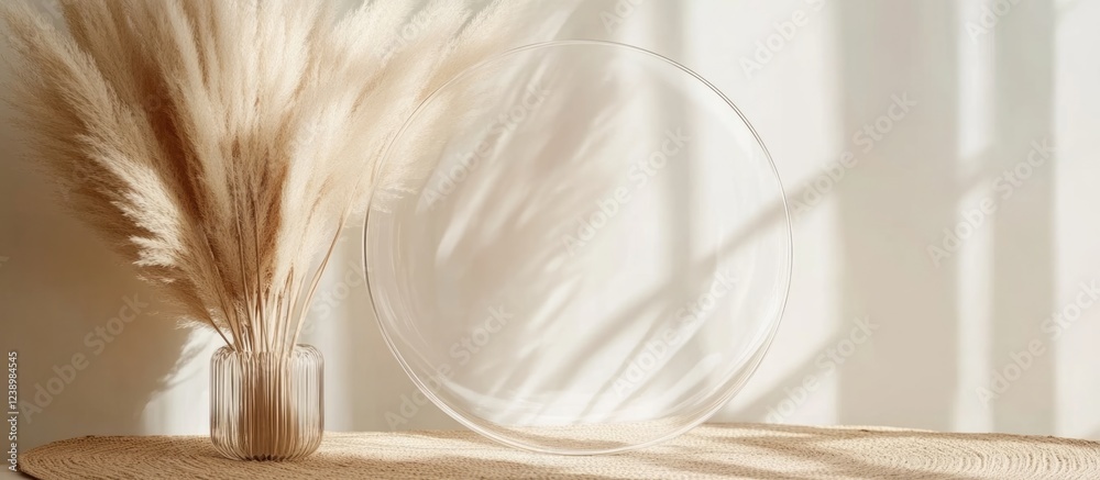 Poster Dried pampas grass in a glass vase with circular plate on a textured surface with natural light and shadows Copy Space