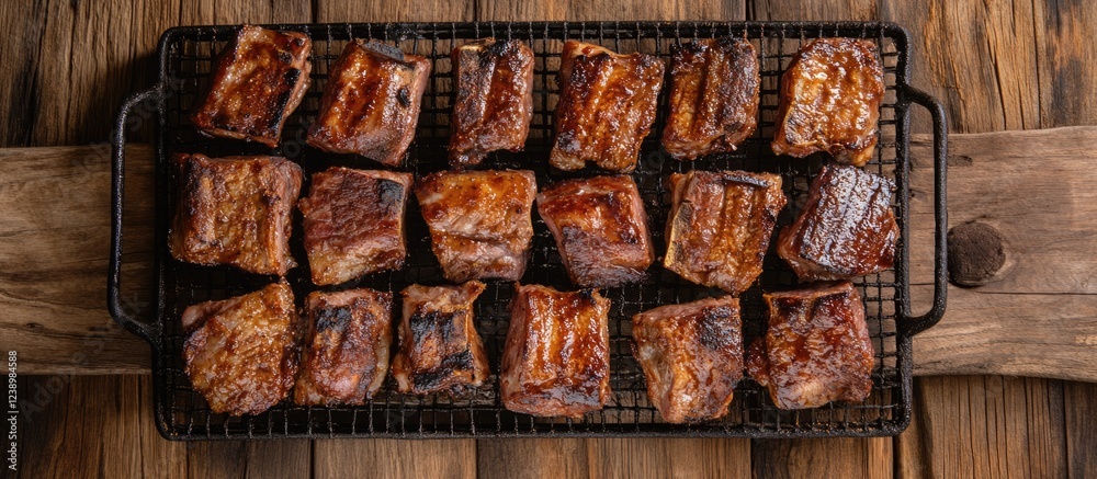 Poster grilled pork belly slices arranged on a wire rack over wooden background with rustic textures and wa