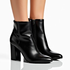 Close-Up of Sleek Black Leather Ankle Boots with Block Heel on White Background