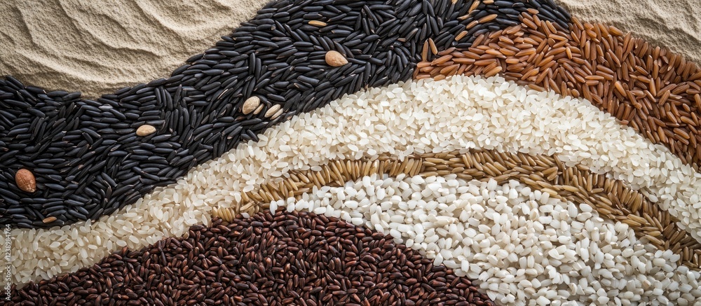 Aufkleber Assorted grains and seeds organized in wavy patterns on textured fabric background with ample Copy Space for text placement