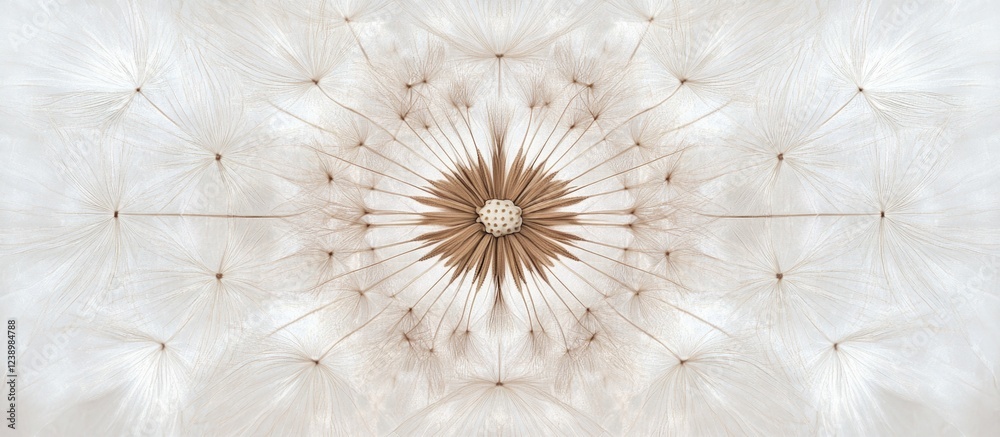 Aufkleber Dandelion seed head close-up symmetrical pattern with soft white filaments on a light background Copy Space
