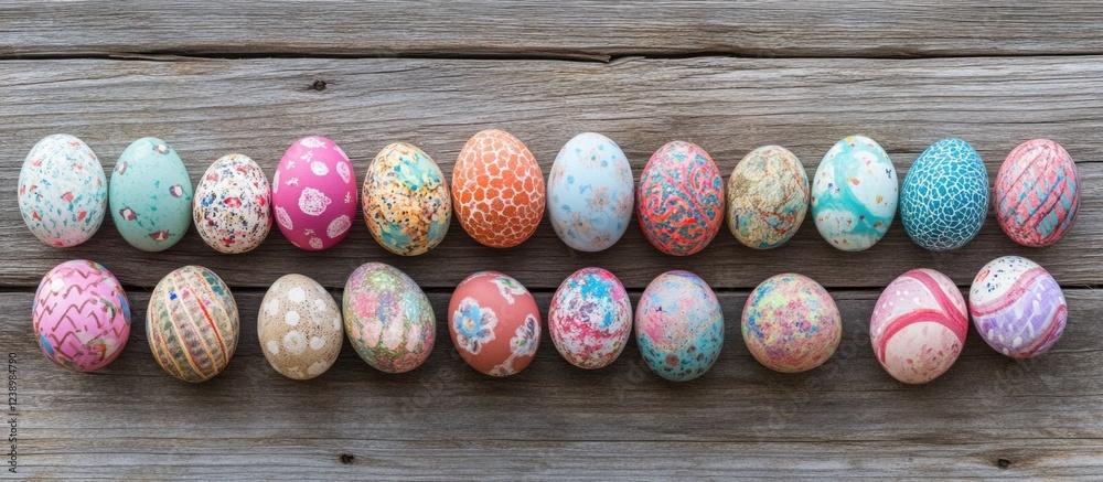Poster decoratively painted easter eggs arranged on wooden surface with various colors and patterns copy sp