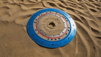 A sports disc for throwing lies on the sandy surface of the stadium, leaving a small mark.