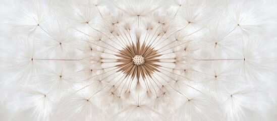 Dandelion seed head close-up symmetrical pattern with soft white filaments on a light background Copy Space