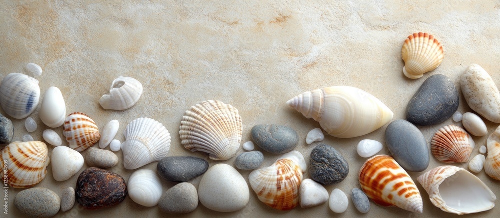 Aufkleber Colorful seashells and smooth pebbles arranged on sandy background with ample Copy Space for text or graphics