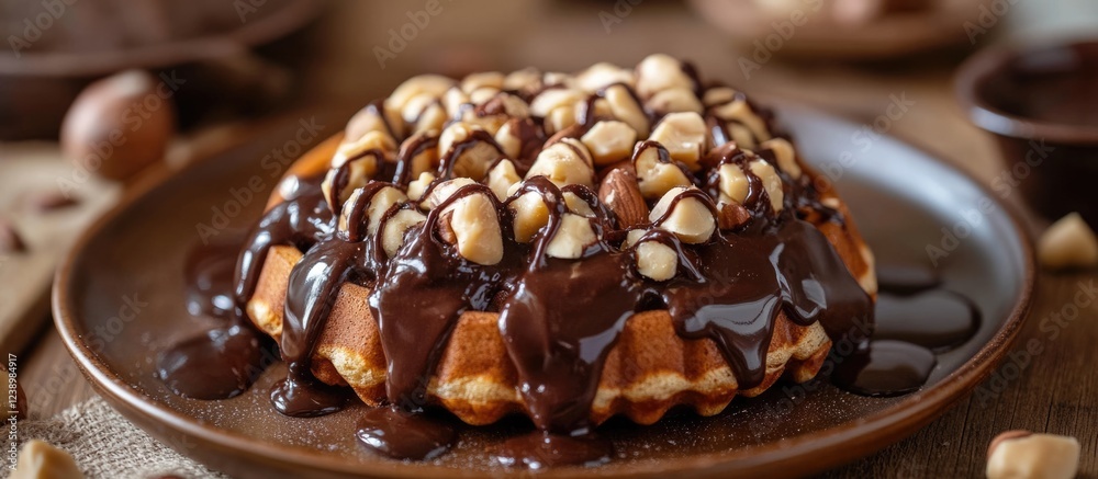 Poster Chocolate drizzled waffle topped with crushed nuts on a rustic wooden table with copy space for text