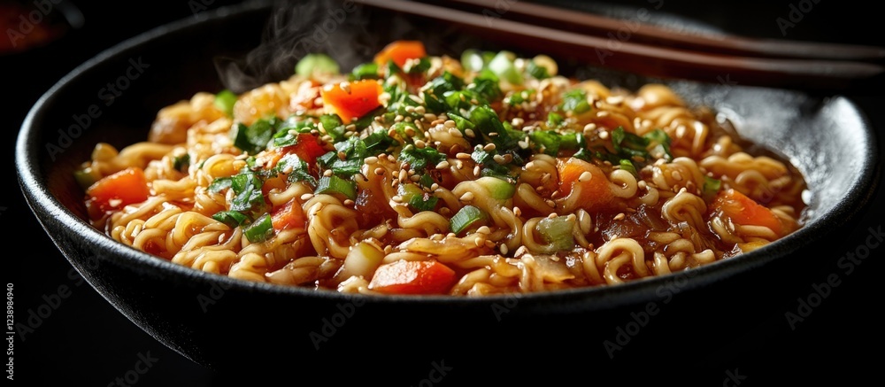 Poster steaming bowl of ramen noodles with vegetables and garnished with sesame seeds on a dark background 