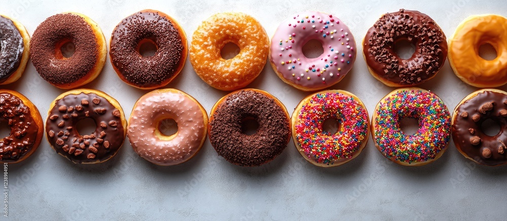 Poster Assorted donuts arranged in a row featuring various toppings and flavors on a light background with Copy Space.