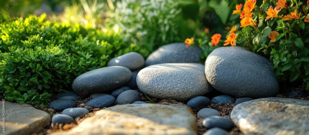 Poster decorative stone pathway surrounded by green plants and colorful flowers in a serene garden setting 