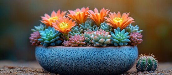 Colorful succulent arrangement with blooming flowers in a textured blue pot close up on a blurred background Copy Space