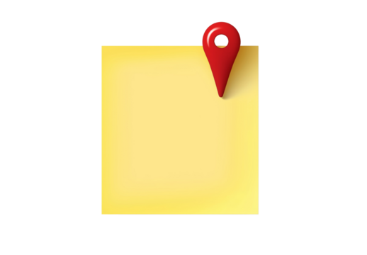 Red Map Pin On Yellow Sticky Note on transparent background