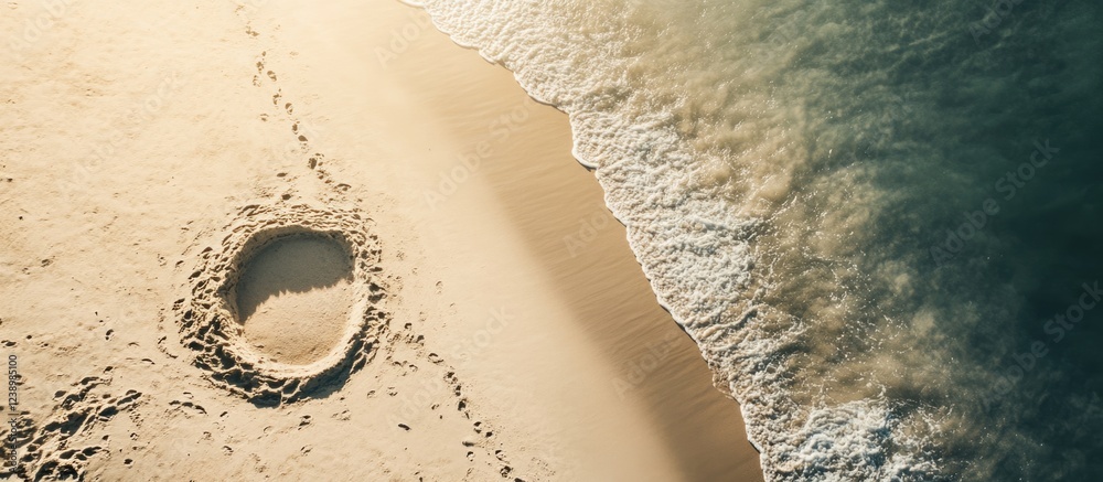 Poster Aerial view of sandy beach with circular sandcastle and wave patterns with footprints on the shore Copy Space