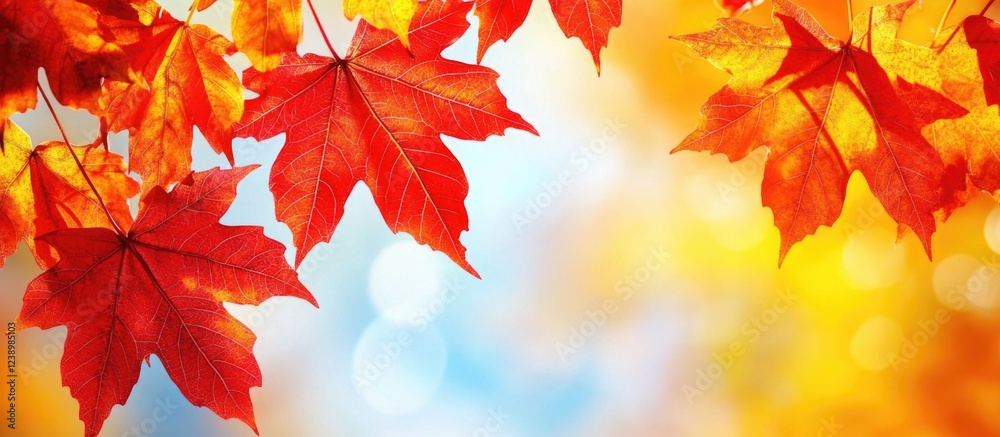 Poster autumn maple leaves with vibrant red and orange hues against a blurred bokeh background ideal for se