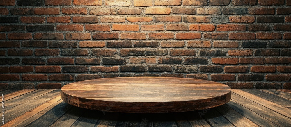 Poster round wooden platform on rustic wooden floor against a brick wall with soft lighting and copy space 