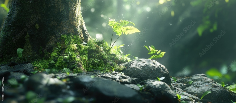 Poster Lush forest floor with green ferns and moss around rocks illuminated by soft light in a natural setting with copy space