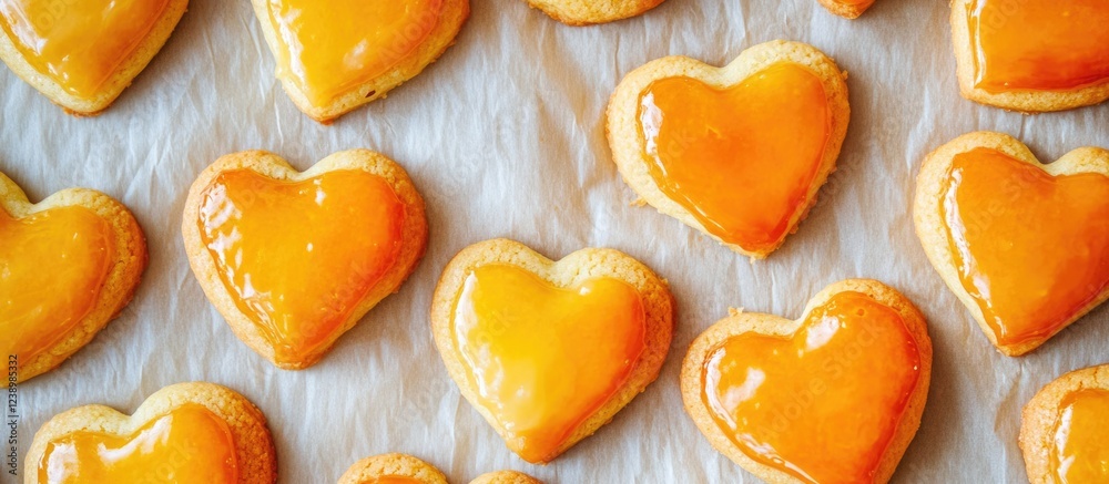 Poster heart-shaped cookies with glossy yellow glaze on parchment paper background suitable for food photog