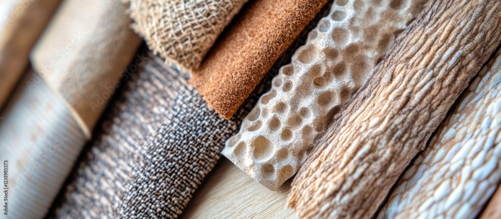 Aufkleber Textured fabric samples in various neutral tones displayed in a row on a wooden surface with Copy Space for design purposes