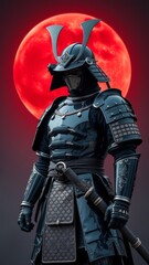 Naklejka premium Samurai Warrior in Dark Armor Under Blood Moon � Dramatic Feudal Background