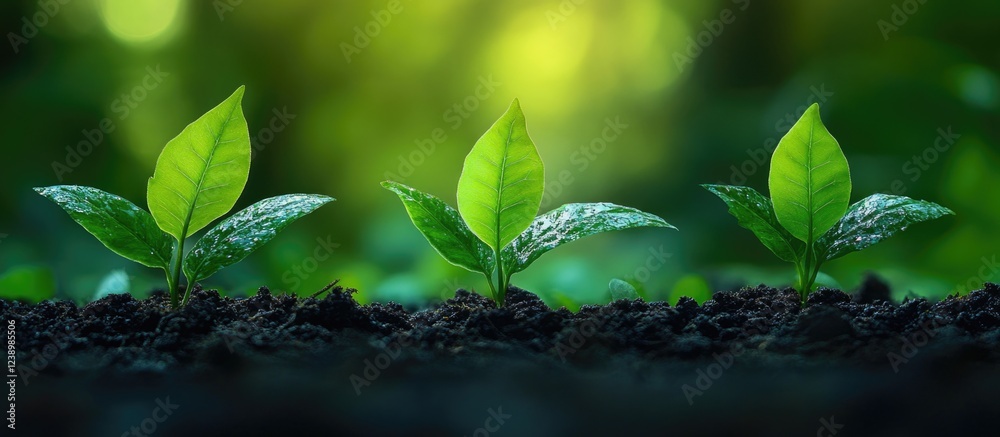 Poster three young green seedlings emerging from dark soil against a blurred natural background with copy s