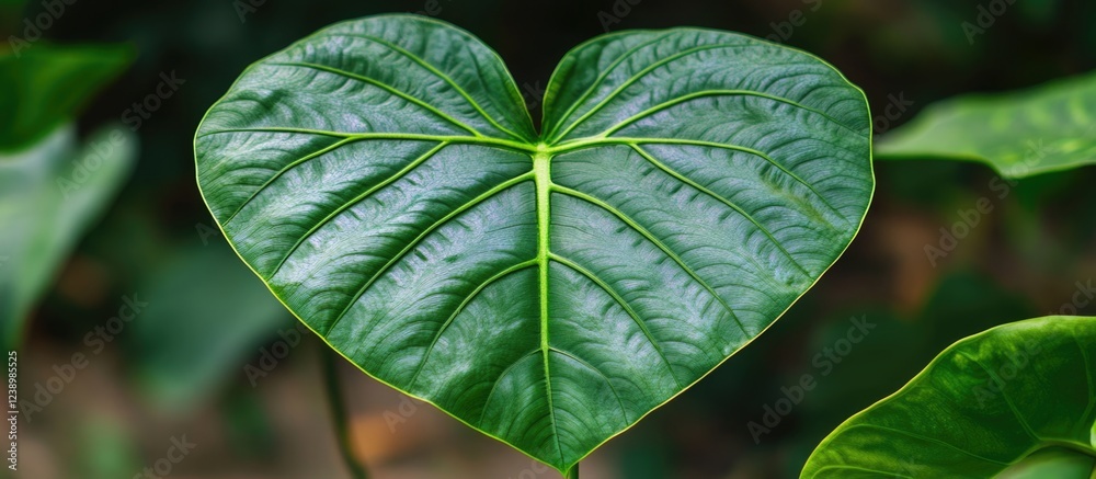 Poster close-up of a large green heart-shaped leaf with prominent veins and textured surface surrounded by 