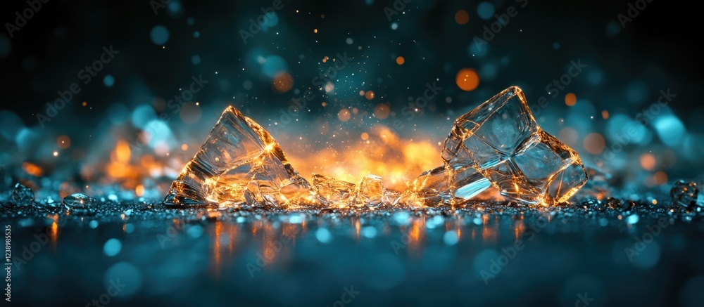 Poster Splintered ice cubes with glowing highlights and water droplets on a reflective surface with a bokeh background Copy Space