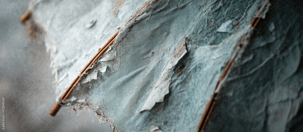 Poster close-up of weathered paper with texture details and wooden supports showcasing peeling layers and m