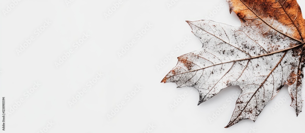 Poster Dried maple leaf with white background showing texture and details Copy Space