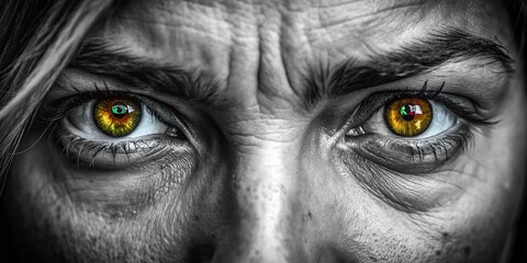 Intense Gaze: Close-up of Sharingan-like Eyes in Black and White Documentary Style