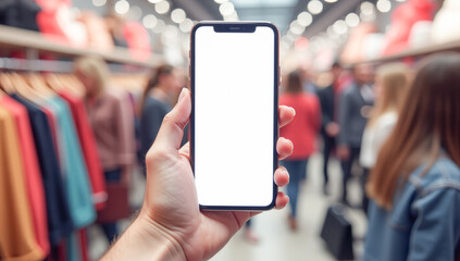 In his hand is a phone with a white screen on a background in a clothing supermarket