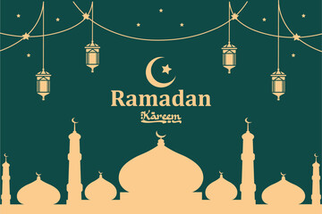 ramadan mubarak greeting card with mosque, moon, stars with vector illustration