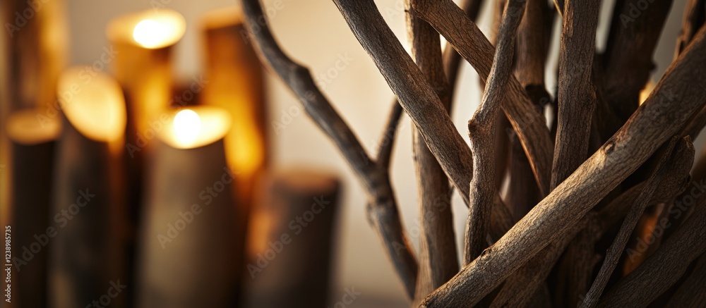 Poster decorative twigs and candle holders arranged in a cozy interior setting with warm lighting and blurr