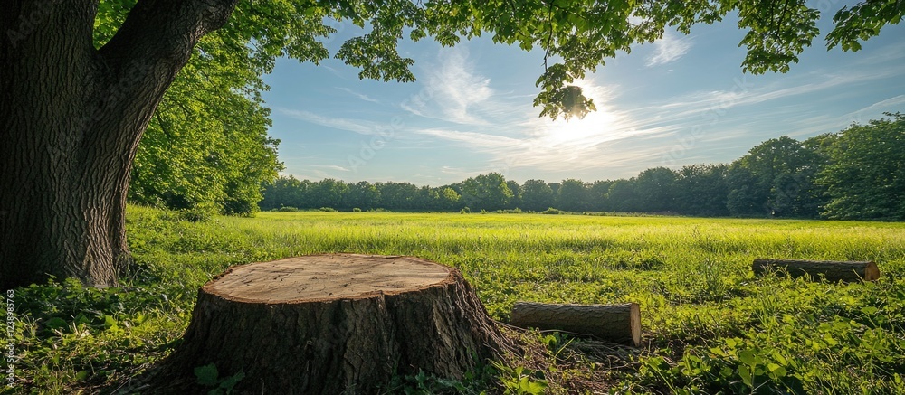 Aufkleber tree stump in lush green field under blue sky with sun shining and scattered clouds in background co