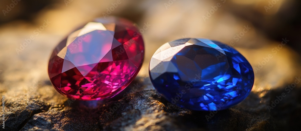 Poster close-up of a red ruby and a blue sapphire gemstone on textured stone background with natural lighti