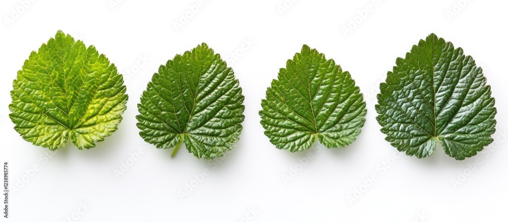 Poster Four green leaves arranged in a row on a white background with variation in shade and texture Copy Space
