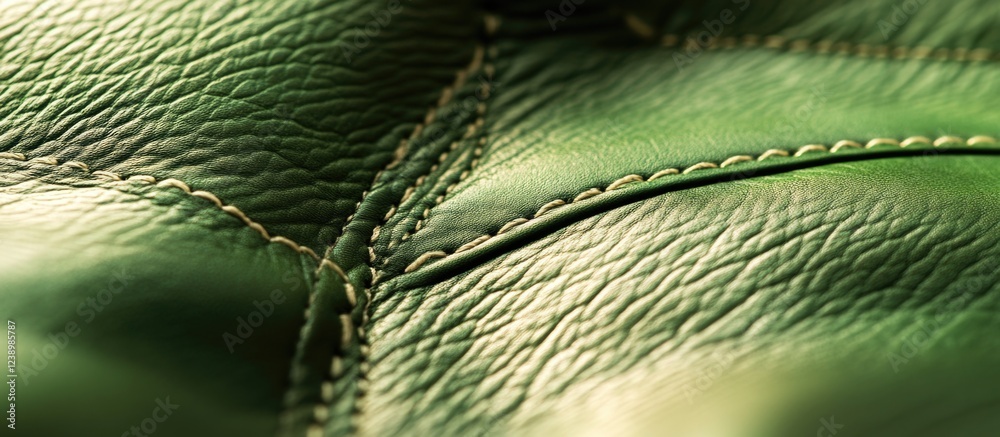 Poster green leather texture close-up with visible stitches and embossed surface details suitable for uphol