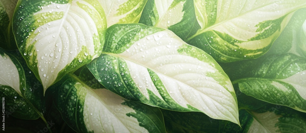 Poster green and white leaves with water droplets against a blurred background natural botanic texture with