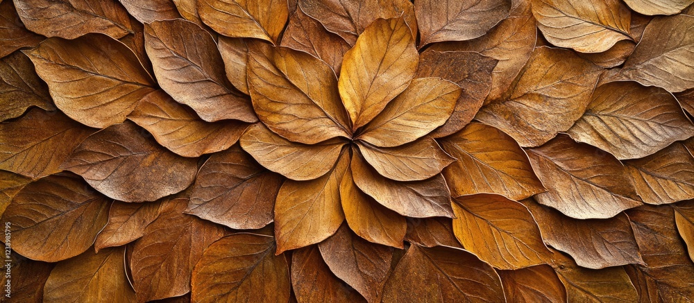 Aufkleber Pattern of dried brown leaves arranged in floral design on textured surface with copy space for text placement.