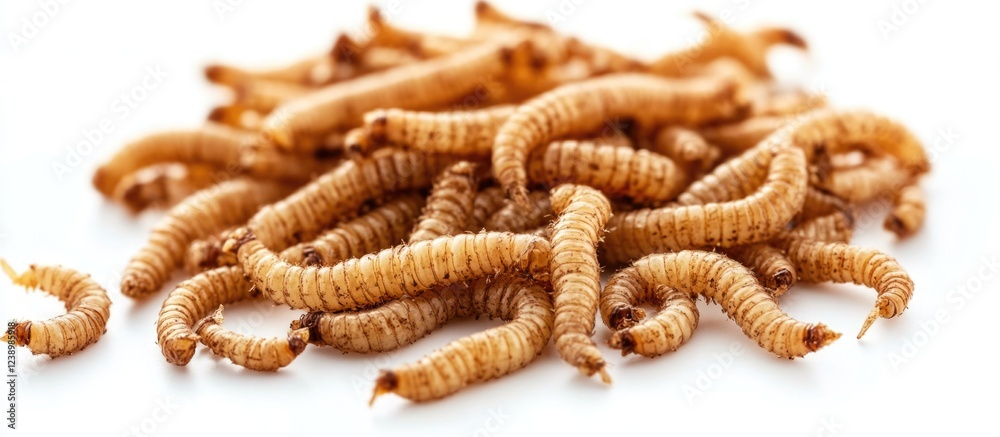 Poster Dried edible larvae clustered on a white background showcasing natural texture and color Copy Space