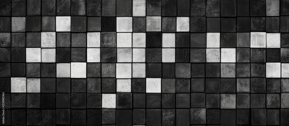 Aufkleber Black and white square mosaic wall tiles arranged in a modern geometric pattern with copy space for text placement.