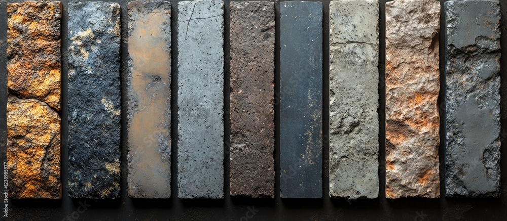 Poster Variety of textured stone and concrete samples displayed in a horizontal arrangement on a dark background with copy space