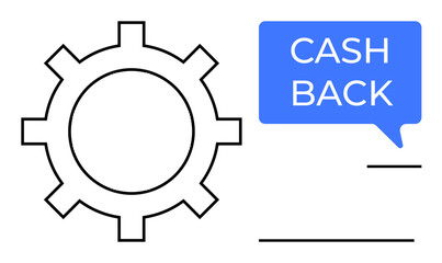 Gear icon alongside a blue speech balloon with Cash Back text conveys efficiency, financial rewards, and operational integration. Ideal for finance, banking, customer loyalty, monetary incentives