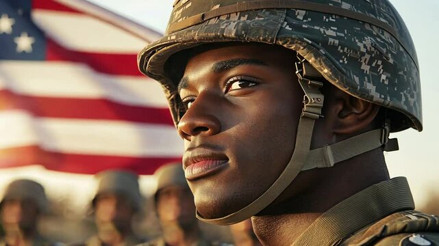 African American Soldier Saluting National Flag at Ceremony