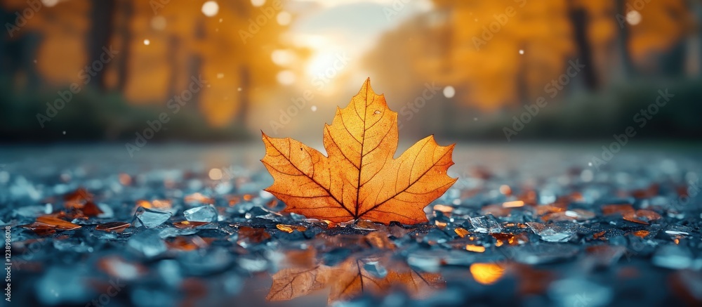 Aufkleber Autumn leaf on reflective surface with colorful background bokeh illuminated by soft sunlight Copy Space