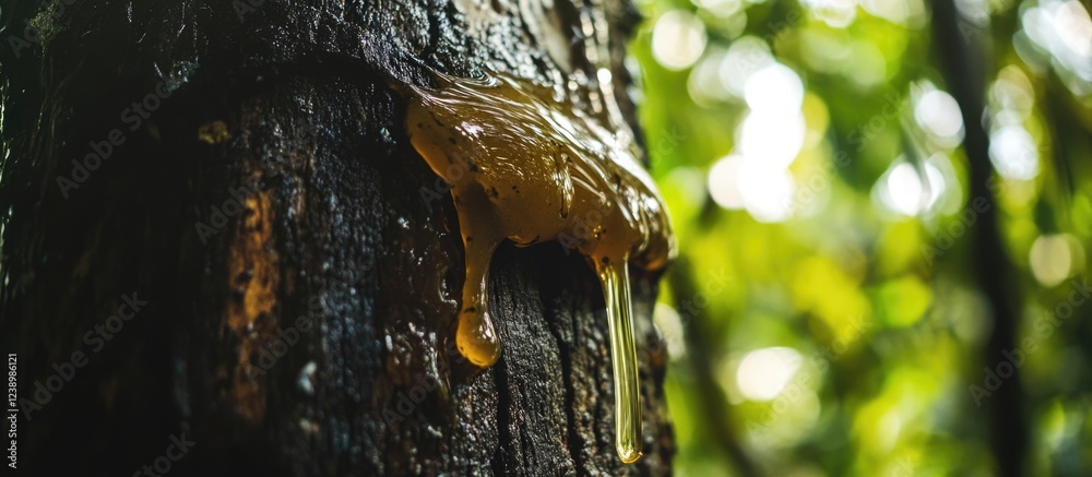 Poster amber resin dripping from tree bark in a lush green forest with blurred background and natural light