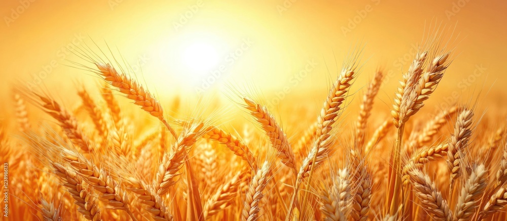 Poster golden wheat field at sunset with sunlight illuminating the grains creating a warm atmosphere copy s