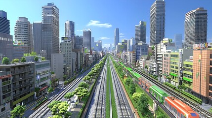City train tracks aerial view, sunny day, urban landscape, transportation