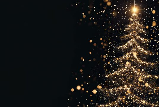 Glistening Christmas Tree with Sparkling Golden Ornaments and Lights Against a Dark Background Creating a Magical Holiday Atmosphere