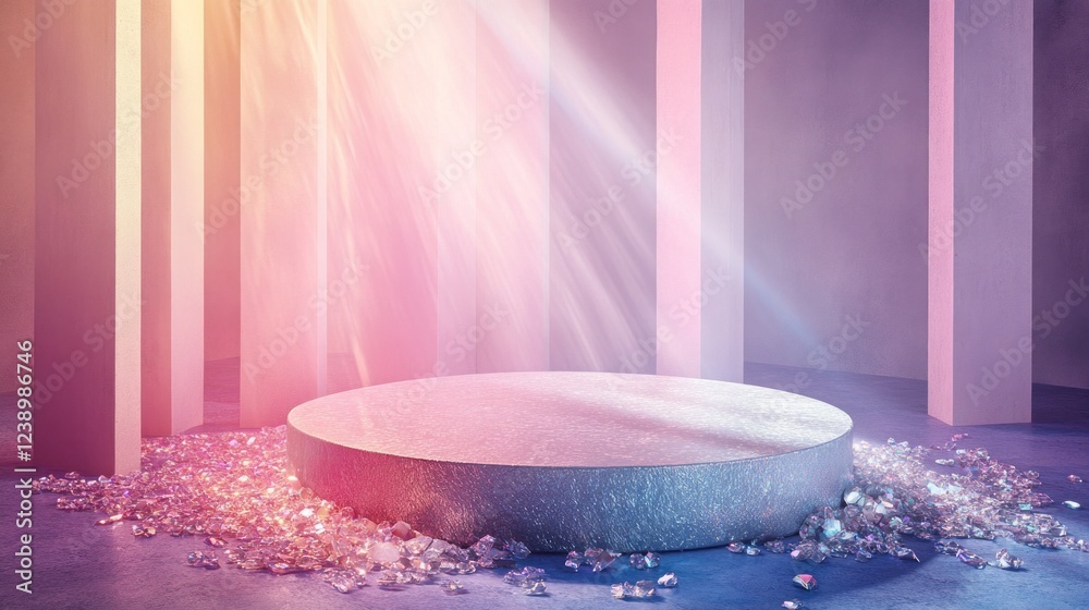 Poster a stunning podium with a pearlized finish reflects iridescent colors as soft light cascades from the