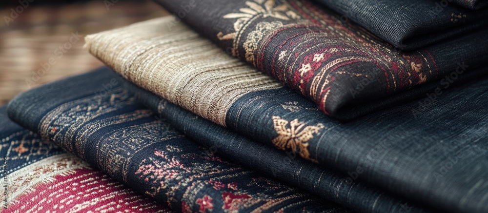 Poster stack of various textured fabrics with intricate patterns in dark and muted colors displaying crafts